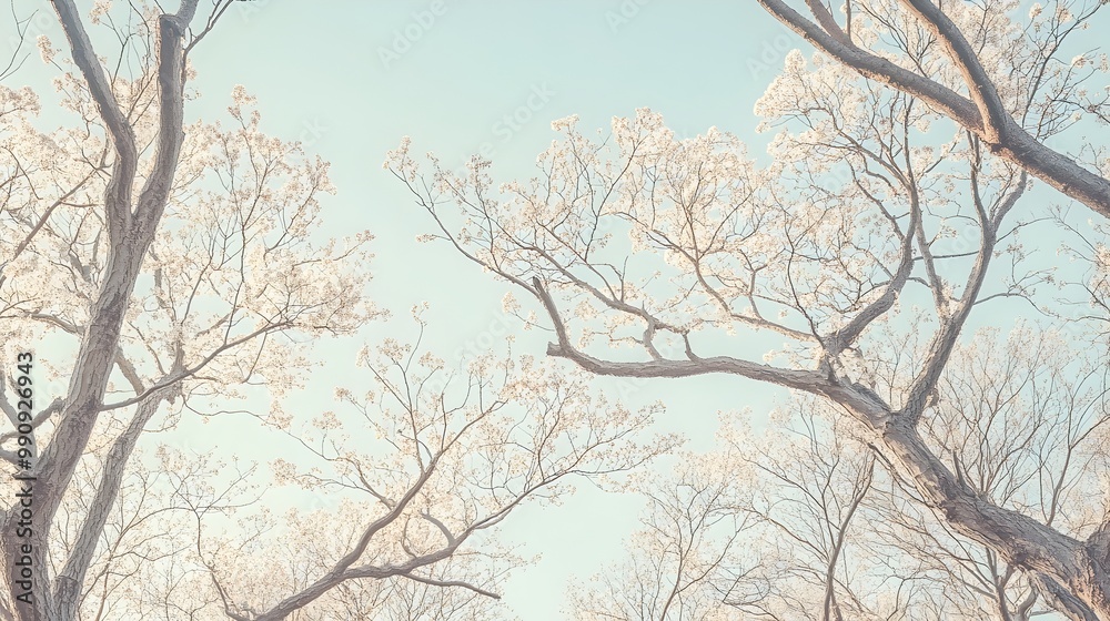 Intricate patterns created by the skeletal branches of cherry blossom trees in a serene sakura grove hinting at the upcoming spring bloom with gentle sunlight against a soft open sky background Intricate patterns created by the skeletal branches of cherry blossom trees in a serene sakura grove hinting at the upcoming spring bloom with gentle sunlight against a soft open sky background