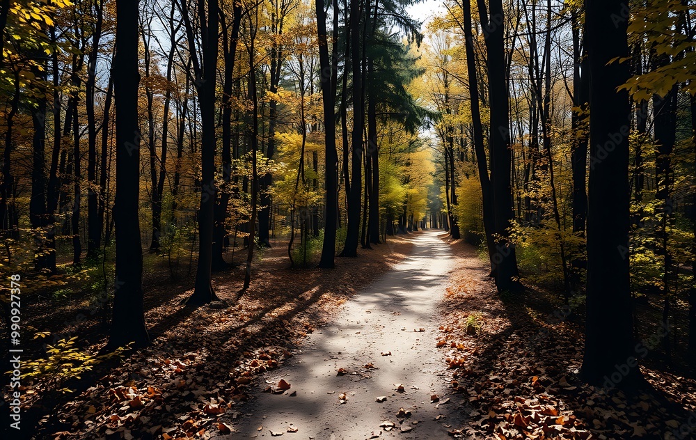 Obraz premium A narrow dirt path winds through a dense forest, with golden autumn leaves carpeting the ground.