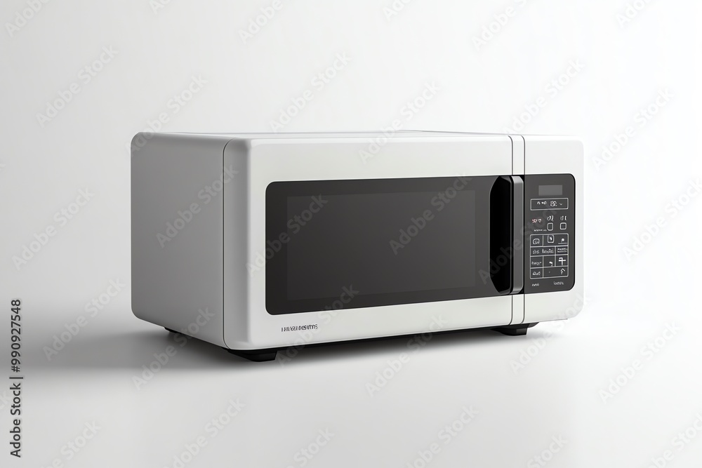 Obraz premium Modern white microwave oven with a black door and control panel isolated on a white background.