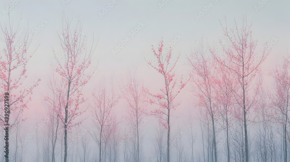 Obraz premium Serene sakura grove with the intricate skeletal branches of cherry blossom trees creating mesmerizing patterns against a soft hazy sky Gentle sunlight hints at the upcoming bloom creating a peaceful