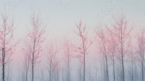 Serene sakura grove with the intricate skeletal branches of cherry blossom trees creating mesmerizing patterns against a soft hazy sky Gentle sunlight hints at the upcoming bloom creating a peaceful