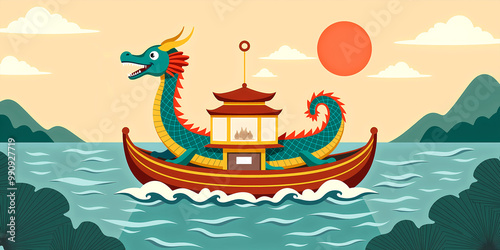 Vibrant dragon boat on a serene lake