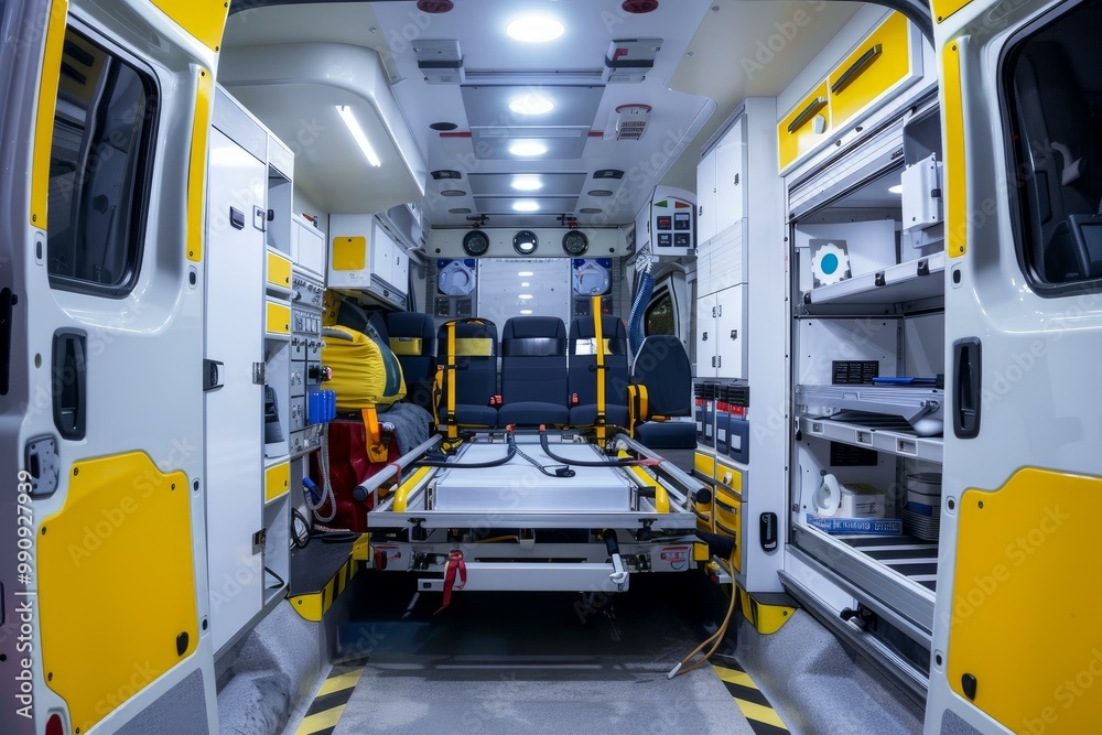 Interior view of a modern ambulance with medical equipment, showcasing the preparedness and readiness for emergency response Interior view of a modern ambulance with medical equipment, showcasing the preparedness and readiness for emergency response