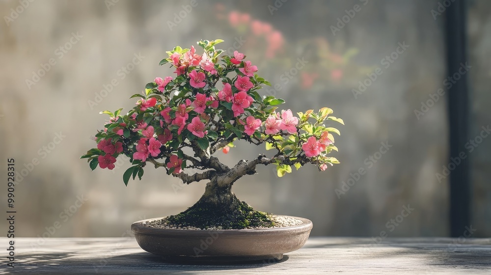 A bonsai fruit tree in full bloom, its flowers small yet vibrant, ready to bear fruit A bonsai fruit tree in full bloom, its flowers small yet vibrant, ready to bear fruit
