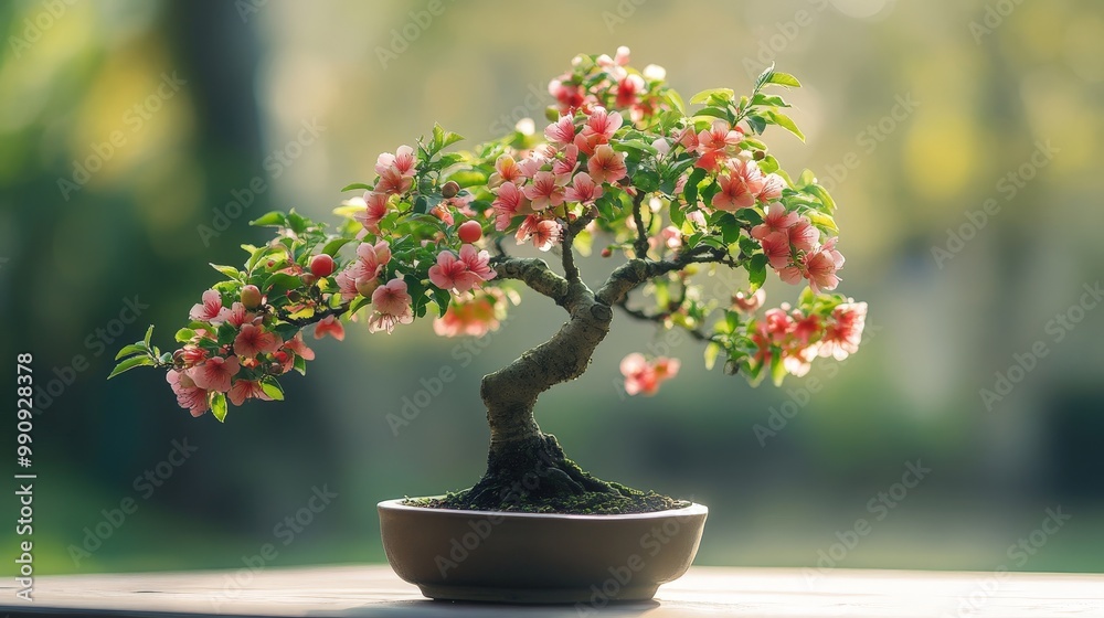 A bonsai fruit tree in full bloom, its flowers small yet vibrant, ready to bear fruit A bonsai fruit tree in full bloom, its flowers small yet vibrant, ready to bear fruit