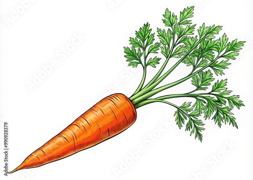 Simple illustration of a singular carrot perched atop its leafy crown, situated on a clean white canvas, its photo