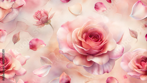 Delicate watercolor floral pattern featuring beautiful pink roses and petals, creating a romantic and soft atmosphere
