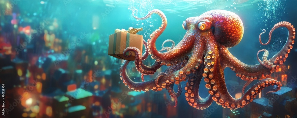 A vibrant octopus swimming underwater with a gift box in its tentacles, showcasing marine life in a colorful environment. A vibrant octopus swimming underwater with a gift box in its tentacles, showcasing marine life in a colorful environment.
