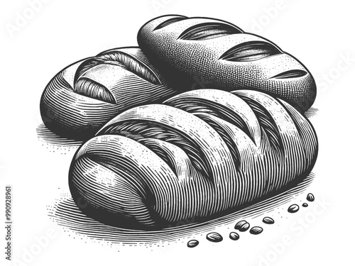 loaves of bread, detailed engraving style and emphasizing traditional baking and rustic charm sketch engraving generative ai vector illustration. Scratch board imitation. Black and white image.