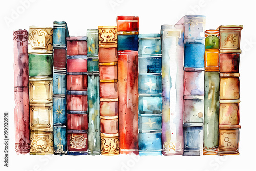 Watercolor illustration of a row of vintage old books isolated on white background, watercolor image of books stacking isolated on white. photo