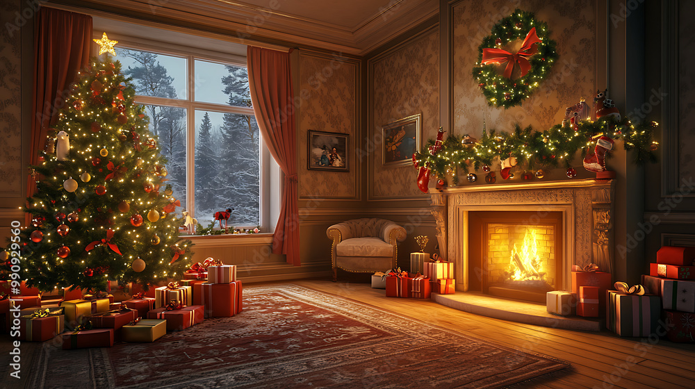 Warm and Cozy Christmas Living Room with Decorated Tree Warm and Cozy Christmas Living Room with Decorated Tree