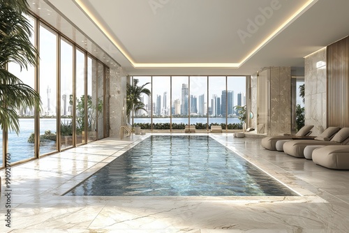 Luxury indoor swimming pool with skyline view