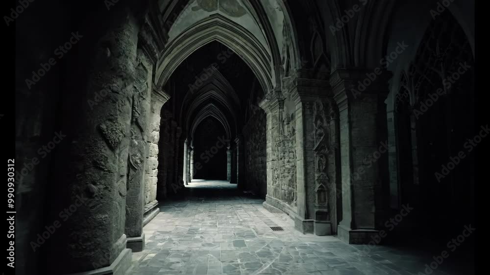 The camera zooms in along the darkened Gothic corridor, where towering arches reach towards the ceiling, their forms barely visible in the dim light
. The camera zooms in along the darkened Gothic corridor, where towering arches reach towards the ceiling, their forms barely visible in the dim light
.
