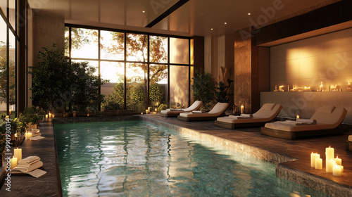 Wallpaper Mural Spa-inspired indoor pool with comfortable loungers, candles, and large windows that flood the space with natural light Torontodigital.ca
