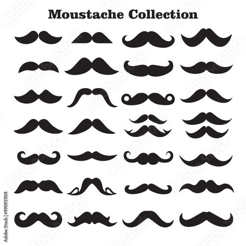 A collection of different black silhouettes of mustaches in various styles and shapes, on a white background
