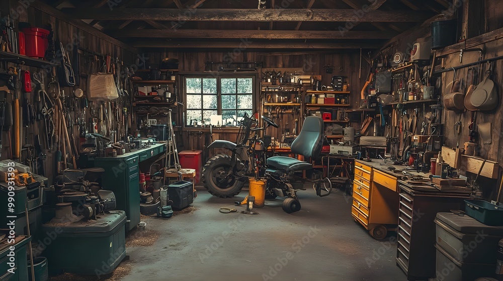 Fototapeta premium A rustic workshop filled with tools, equipment, and a comfy chair for DIY projects.