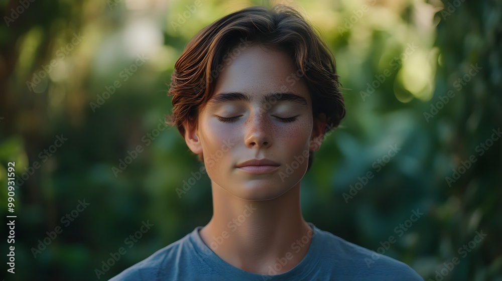 Calm youth in nature, eyes closed, meditative state, serene environment. Calm youth in nature, eyes closed, meditative state, serene environment.