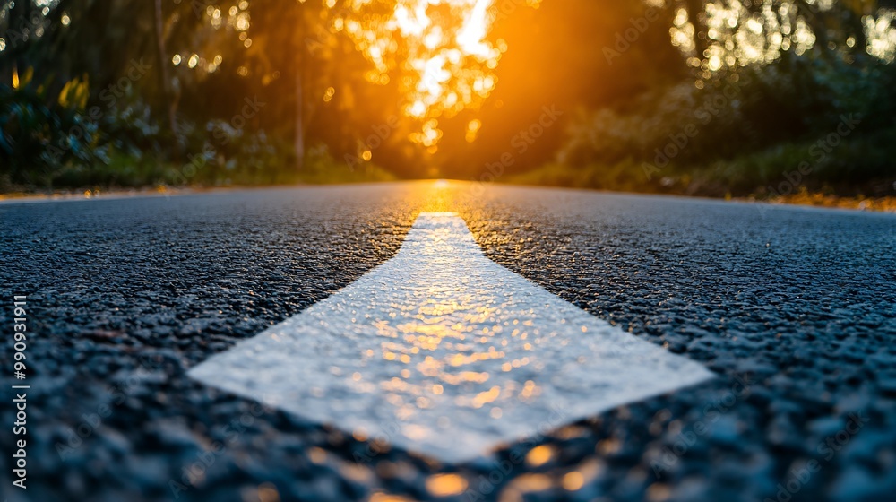 Low angle photography captures a white arrow on an asphalt road during sunset, showcasing the straight ahead concept, path to success, business career future guidance, and journey to the destination.