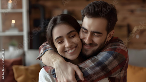 grateful teenager man hug smiling middle-aged mother show love and care. generative ai.