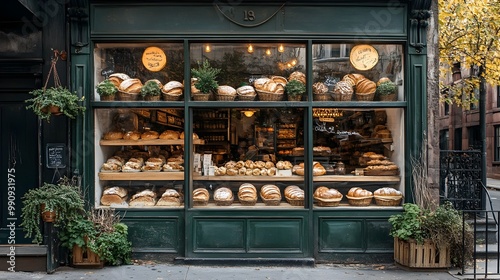 Charming and Inviting Bakery Storefront with a Large Window Showcasing a Delectable Display of Freshly Baked Breads Pastries and Decorative Plants Surrounding the Welcoming Entrance