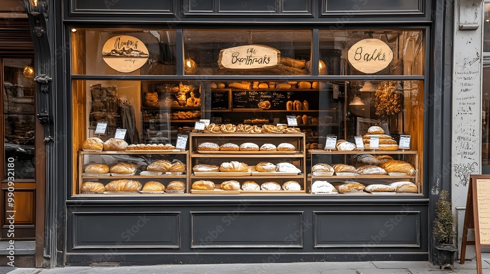 Elegant Bakery Storefront Design Featuring a Charming Display of Freshly Baked Bread and Enticing Pastries in the Window Accented by Inviting Signage and Outdoor Decor