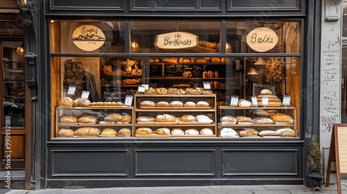 Obraz na płótnie Elegant Bakery Storefront Design Featuring a Charming Display of Freshly Baked Bread and Enticing Pastries in the Window Accented by Inviting Signage and Outdoor Decor w salonie