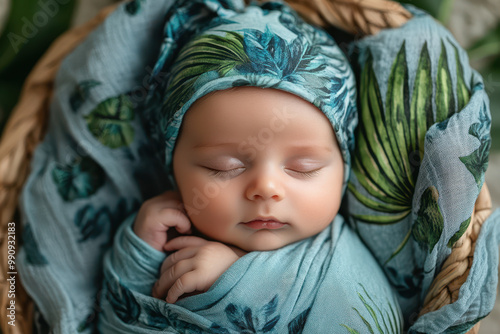 Newborn baby in a outfit sleeping inside a basket, wearing a hat and a onesie.