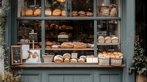 Elegant bakery storefront featuring a delightful display of freshly baked breads pastries and other tantalizing baked goods in the window