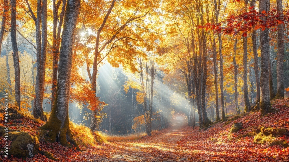 Fototapeta premium Path in a golden autumn forest illuminated by the rays of the sun