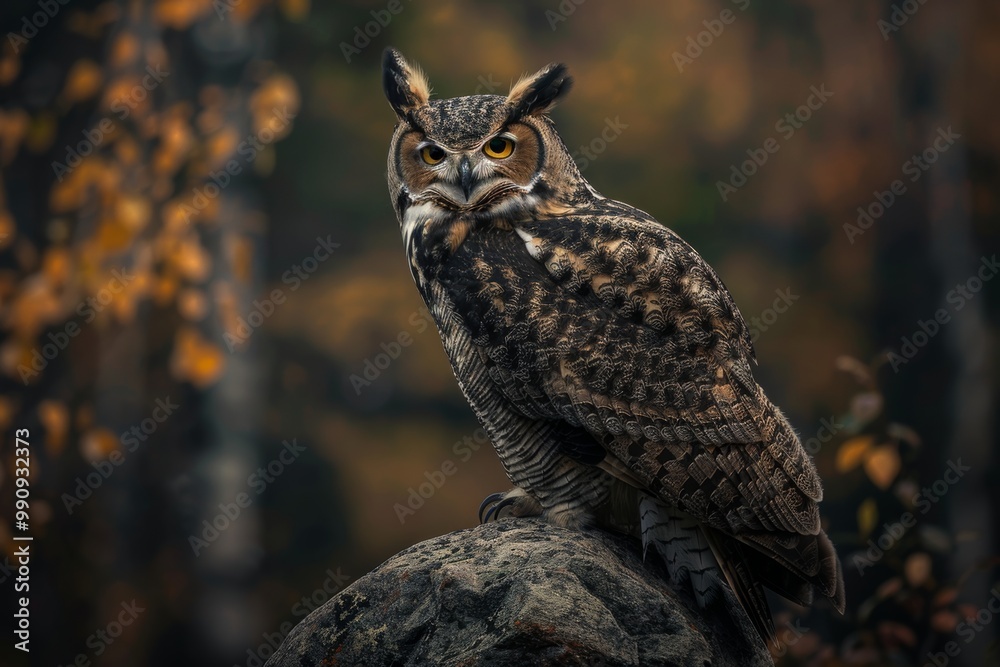 Obraz premium Majestic owl perched on autumn rock