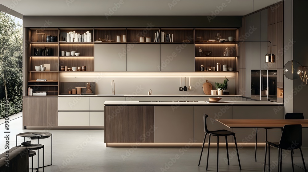 Fototapeta premium Minimalist and Contemporary Kitchen Interior Design with Open Shelving System Neutral Color Palette and Central Island Emphasizing Simplicity and Functionality