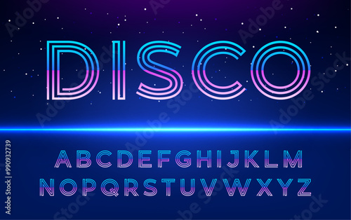 Disco font, purple neon line typeface or retro musical party light type