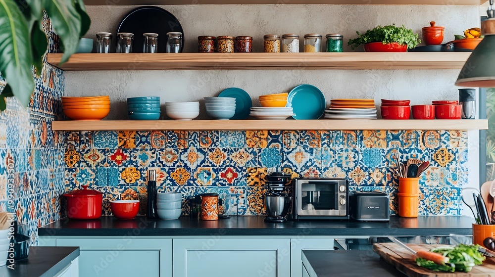 Stunning and Efficient Kitchen Design with Open Shelving Showcasing Colorful Dishware and a Vibrant Backsplash for a Cohesive Inviting Culinary Space