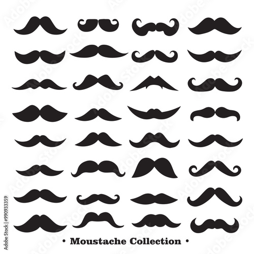 A collection of different black silhouettes of mustaches in various styles and shapes, on a white background