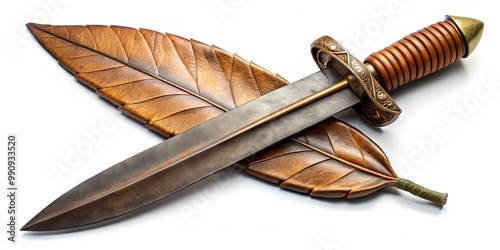 The Ancient Spartan hoplite sword features a curved leaf-shaped blade and a sturdy bronze grip enwrapped in soft photo