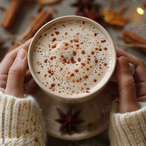Autumn concept. First person top view shot of woman's hands in sweater holding cinnamon sticks aniseed sparkling drink on isolated beige background. Made with generative ai