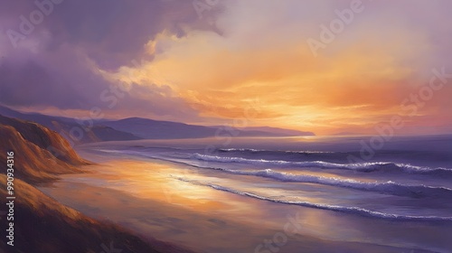 Serene Landscape Painting of a Tranquil Sunset Over Rolling Hills with Soft Hues of Orange and Purple Blending in the Sky and Gentle Waves Lapping at the Peaceful Shoreline