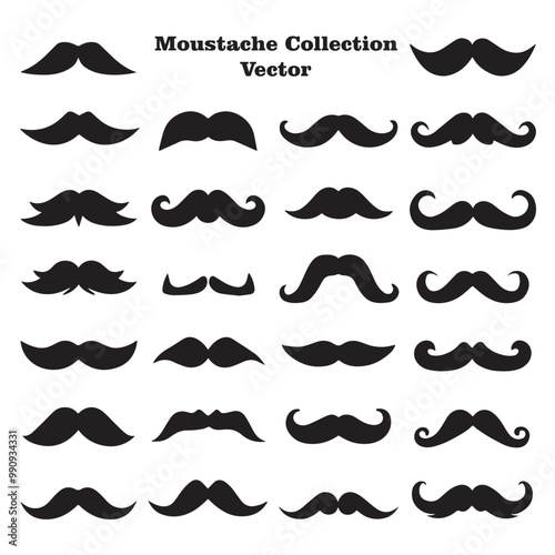 A collection of different black silhouettes of mustaches in various styles and shapes, on a white background