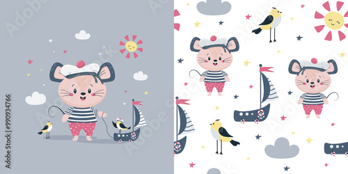 A children's seamless pattern with a funny sailor mouse, a boat and birds. Vector design for baby bedding, fabric, wallpaper, wrapping paper and more.
