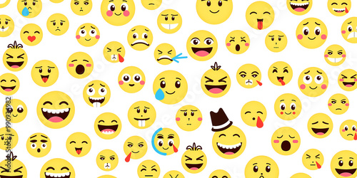 Collection of various expressive yellow emojis on white