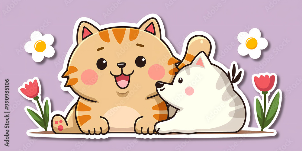 Fototapeta premium Orange and white cats with a springtime floral theme