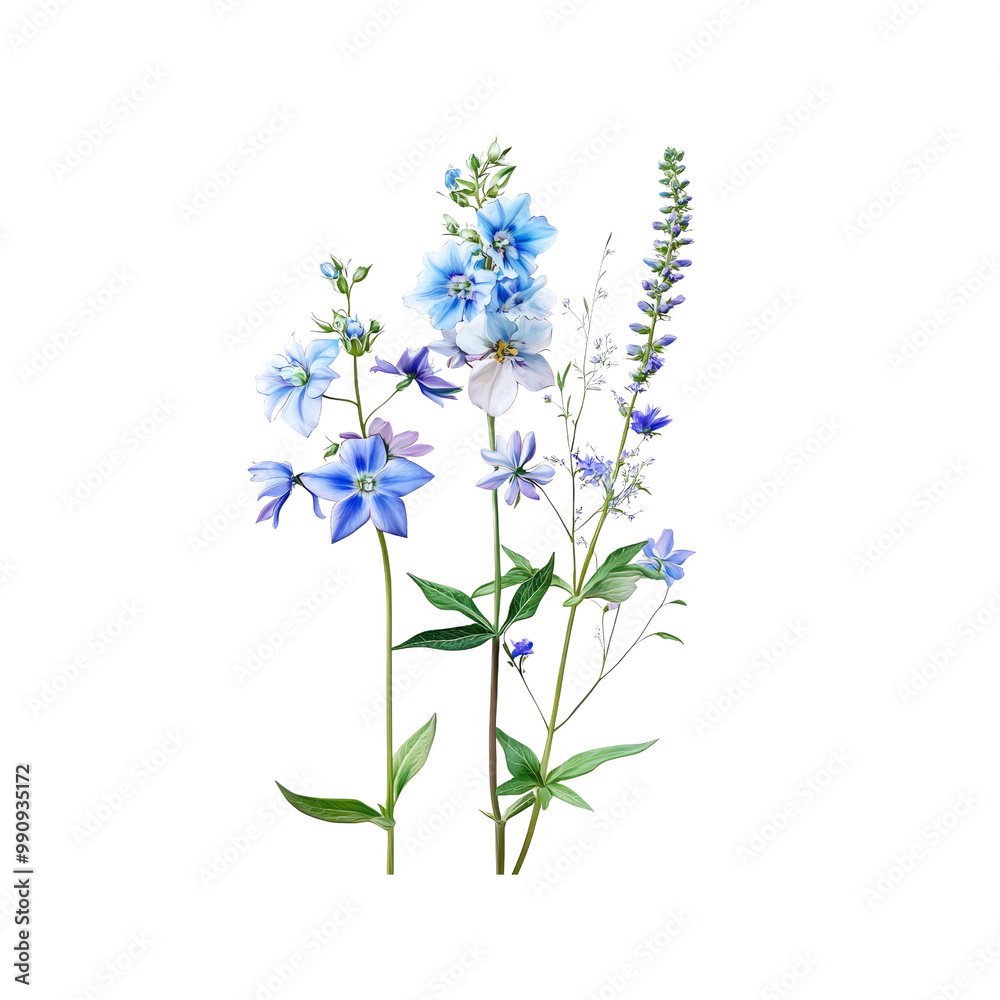 Naklejka premium Delicate Blue Wildflowers on White Background