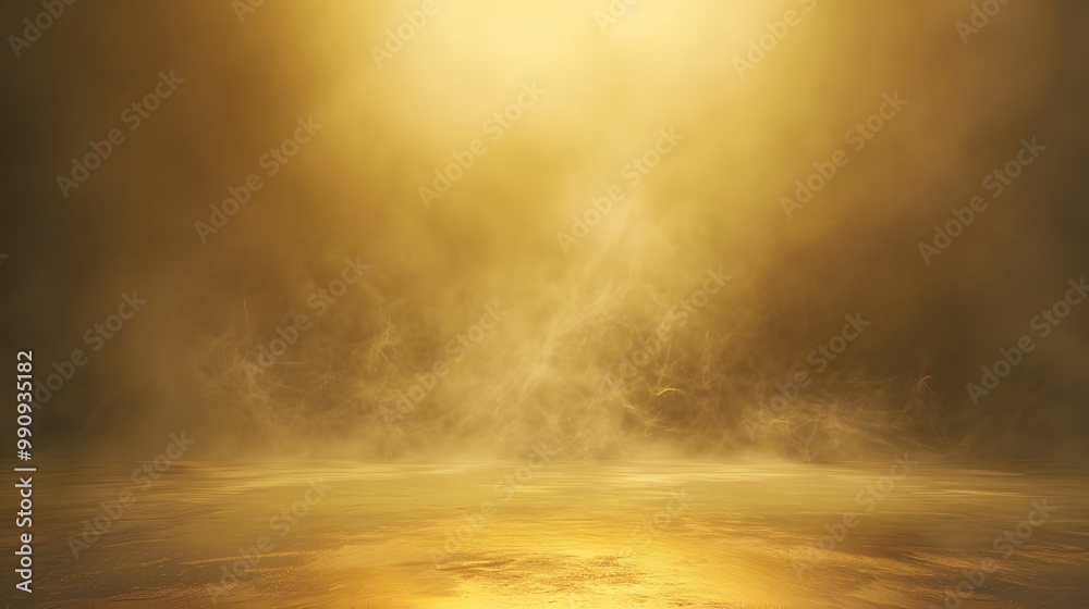Gold background with a spotlight, fog in the center of the frame, and an empty floor. Gold background with a spotlight, fog in the center of the frame, and an empty floor.