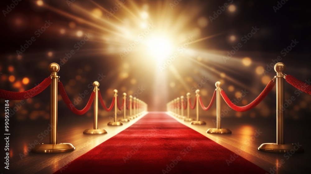 Red carpet entrance with barriers, velvet ropes and lights in the background. Neural network ai generated art Red carpet entrance with barriers, velvet ropes and lights in the background. Neural network ai generated art