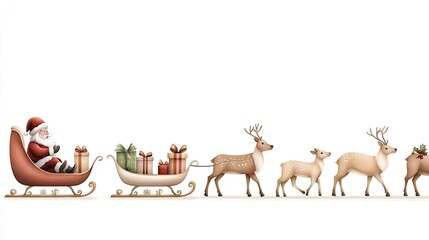 Santa Claus is happily seated in his decorated sleigh, led by reindeer. Christmas presents are stacked in the sleigh, capturing the festive spirit of the holiday season