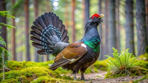 Strutting its stuff in a woodland glade, a male capercaillie flaunts its stunning iridescent feathers, a dazzling sight