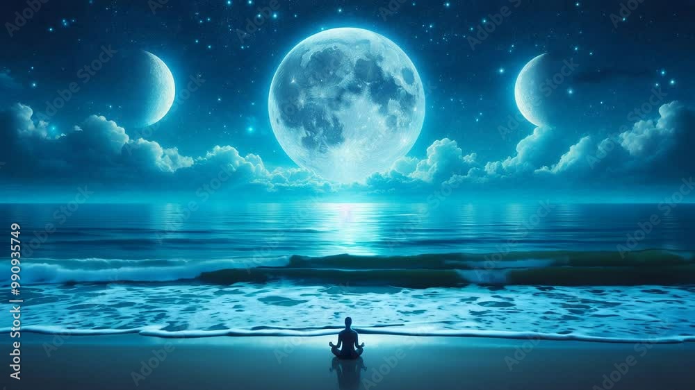 Quiet beach under a full moon, with gentle waves lapping the shore, a meditating person sitting on the sand, and the stars twinkling above