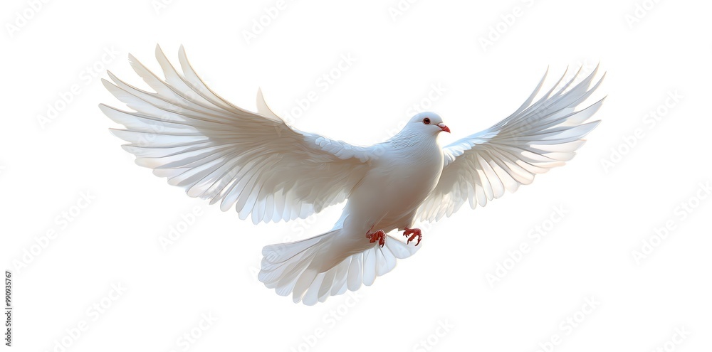 Fototapeta premium White dove in flight with wings spread wide.