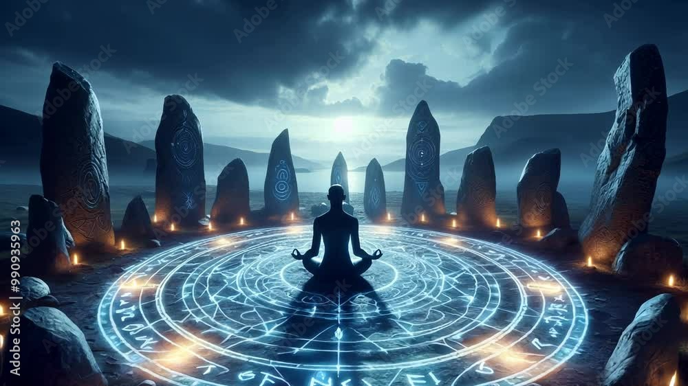 Sacred circle of stones with a meditating figure in the center, surrounded by ancient standing stones and glowing runes