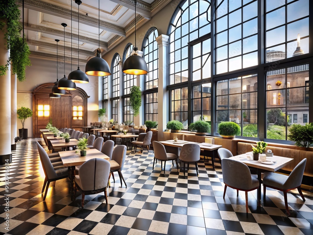 Tall ceilings and large windows flood this modern eatery with natural light, while black and white flooring adds Tall ceilings and large windows flood this modern eatery with natural light, while black and white flooring adds